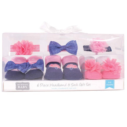 Hudson Baby Girl's Headband and Socks Giftset, Pink Navy Flower, 1 Count (Pack of 1)