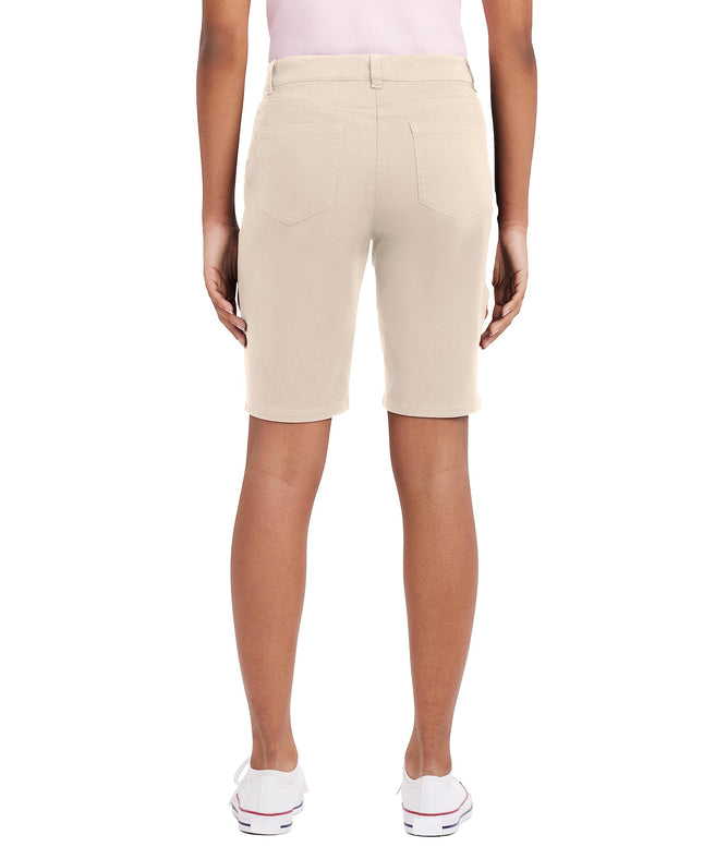 IZOD Women's Juniors Uniform Skinny Bermuda Stretch Twill Short, Khaki, 9