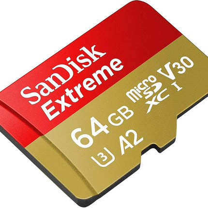 SanDisk Extreme 64 GB microSDXC Memory Card + SD Adapter with A2 App Performance + Rescue Pro Deluxe, Up to 160 MB/s, Class 10, UHS-I, U3, V30, Red/Gold