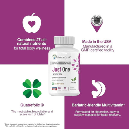 NatureGenX - Just One Ultra Daily MTFHR Support Methylated Multivitamin with ADK, CoQ10, Active Vitamin B12 (Methylcobalamin), Quatrefolic L5-MTHF for Woman and Men, Dr Formulated, 60 Capsules