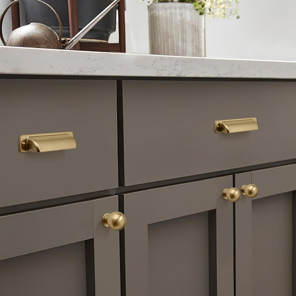CABDM 10 Pack 1 Inch Vintage Ball Brushed Brass Cabinet Knobs Kitchen Cabinet Hardware Brushed Gold Drawer Knobs Pulls for Drawers.