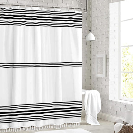 Seasonwood Cortina de ducha larga, tela blanca y negra con borlas, cortinas de ducha modernas estilo casa de campo para baño, impermeable, duradera, 72 pulgadas de ancho x 78 pulgadas de largo