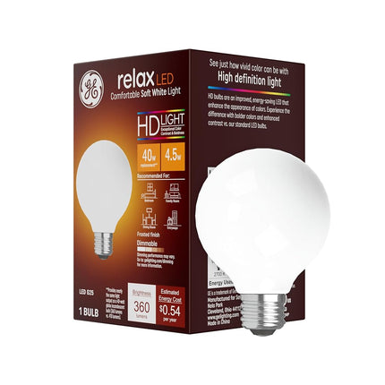 Ampoules LED sphériques GE Relax, 5,5 W (équivalent 60 W) lumière HD blanc doux, finition dépolie, culot moyen (1 unité)