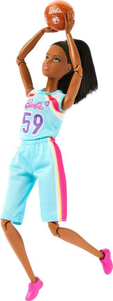 Barbie Made to Move Doll & Accessories, Brunette Basketball Player Wearing Removable Uniform with Ball, 22 Bendable Joints, HKT74