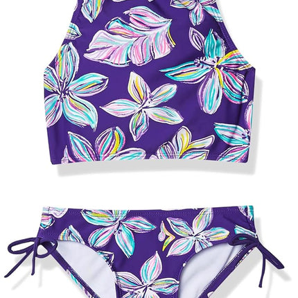 Kanu Surf Traje de baño de 2 piezas tipo tankini con cuello halter y protección UPF 50 para niñas, Charlotte Floral Púrpura, 10