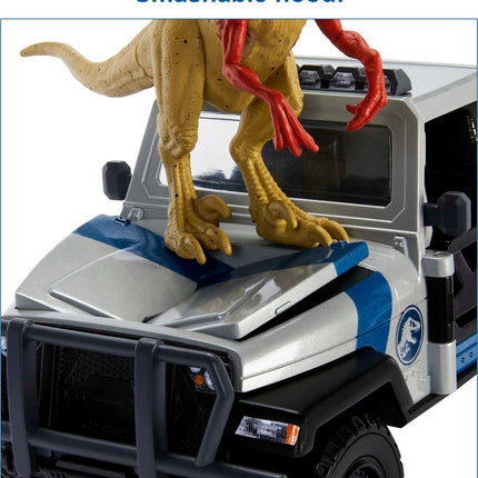 Coffret Camion Mattel Jurassic World Recherche et Destruction avec dinosaure Atrociraptor et figurine humaine, véhicule avec fonctions de destruction