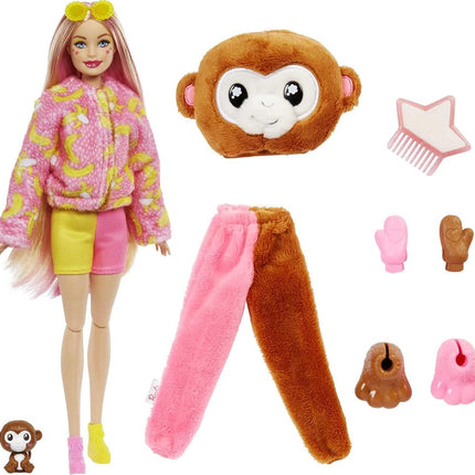 Barbie Dolls and Accessories, Cutie Reveal Doll with Monkey Plush Costume & 10 Surprises Including Color Change, Jungle Series