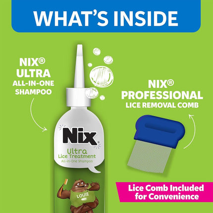 NIX Ultra Shampoo Lice Treatment | Kills Super Lice & Eggs | Includes Lice Removal Comb | 4 Fluid Ounce