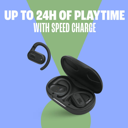JBL SoundGear Sense - Auriculares abiertos verdaderamente inalámbricos, tecnología JBL OpenSound, resistentes a salpicaduras y polvo, 4 micrófonos para llamadas nítidas y claras, hasta 24 horas de batería, además de carga rápida (negro)