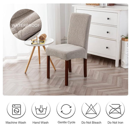 Genina 100% Waterproof Dining Chair Covers, Stretch Jacquard Chair Covers for Kitchen Parsons Chairs, Washable Chair Protectors for Dining Room Set of 6, Leaves-Warm Gray