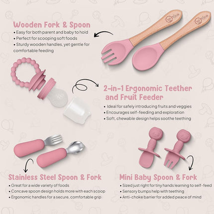 O'doe™ 17-Piece BPA-Free Silicone Baby Feeding Set | Thick & Soft Suction Plates, Baby Bowls, Wooden Fork & Spoon, and More (Pink, V2: Nurture Pack [17 Pieces)