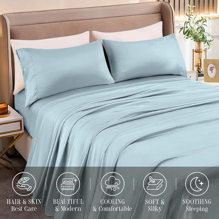 Elegant Comfort Luxurious 4-Piece Silky Satin Sheet Set, Skin and Hair Friendly, Wrinkle, Fade, Stain Resistant with Deep Pockets Fitted Sheet, Cooling Soft Satin Sheet Set, Queen, Baby Blue