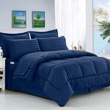 Juego de edredón Elegant Comfort Silky Soft Dobby Stripe de 8 piezas en una bolsa, incluye juego de sábanas inteligentes de 4 piezas, faldón de cama, edredón, fundas de almohada y fundas decorativas a juego - Twin/Twin XL, azul marino