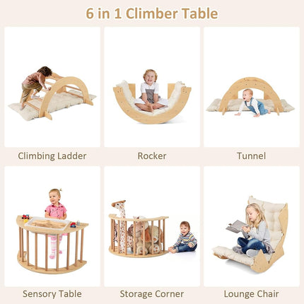 INFANS Wooden Arch Climber Rocker with Soft Cushion, 6 in 1 Montessori Climbing Toys for Toddlers, Waldorf Indoor Table Baby Children Ladder Gym Learning Playset Kids Boys Girls (Natural)