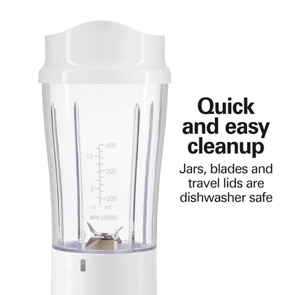 Hamilton Beach Personal Blender for Smoothies & Protein Shakes, Portable Single Serve Blender with 2 Travel Jars & Lids, 14 oz BPA-Free Cups, Stainless Steel Blades, 300W, White, 51102G