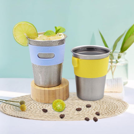Rich&Ray Reusable Magnetic Fridge Cups 12 oz, 4 Pack Hanging on Fridge Magnetic Hanging Cup, Stainless Steel Cups with Silicone Cup Holder for Fridges or Water Coolers