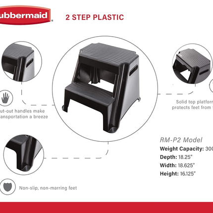 Rubbermaid RM-P2 2-Step Molded Plastic Stool with Non-Slip Step Treads, 300-Pound Capacity, Black Finish by Rubbermaid