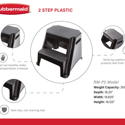 Tabouret 2 marches en plastique moulé Rubbermaid RM-P2 avec marches antidérapantes, capacité de 136 kg, finition noire par Rubbermaid