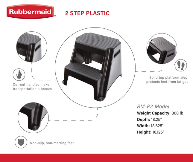 Rubbermaid RM-P2 Taburete de Plástico Moldeado de 2 Peldaños con Pisadas Antideslizantes, 300 Libras de Capacidad, Acabado Negro por Rubbermaid