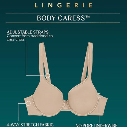 Vanity Fair Women's Bra with 2-Way Convertible Straps, Body Caress Full Coverage, Lightly Lined Cups Up to Dd, Opaque, Underwire-Beige, 36C