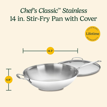 Wok 35 cm Cuisinart, avec poignée d'appoint et couvercle en verre, acier inoxydable Chef's Classic, 726-38H