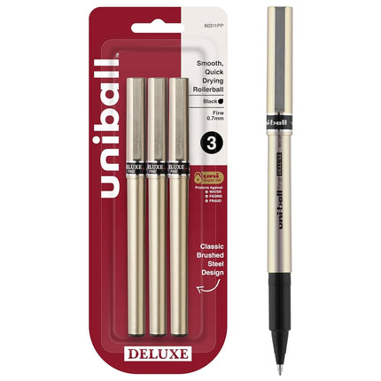 Uniball Deluxe 0.7mm Fine Point Rollerball Pen, 3 Black - Smooth Writing, Waterproof Ink, Office Supplies, Ballpoint Pen
