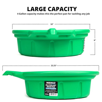 Neiko 20761A Large Coolant/Oil Drain Pan, 4 Gallon (16L) Capacity, Antifreeze Green Plastic Anti Splash Oil Pan, Motor Oil Drip Catcher Pan, Non Spill Pour Spout, Oil Catch Pan for Changing Oil