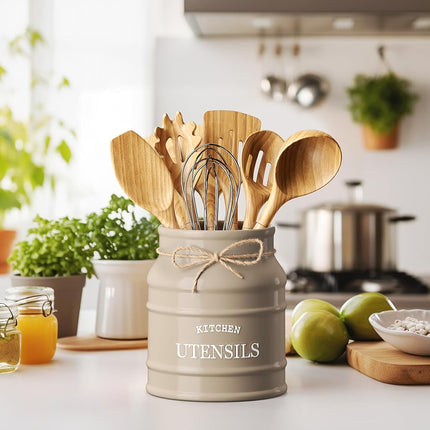 Barnyard Designs Ceramic Farmhouse Utensil Holder for Kitchen Counter, Large Rustic Utensil Crock, Countertop Cooking Tool Organizer, 6.75”, Taupe