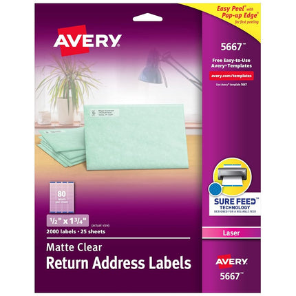Étiquettes d'adresse de retour Avery Easy Peel transparentes pour imprimantes laser 1,27 x 4,45 cm, paquet de 2 000 (5667)