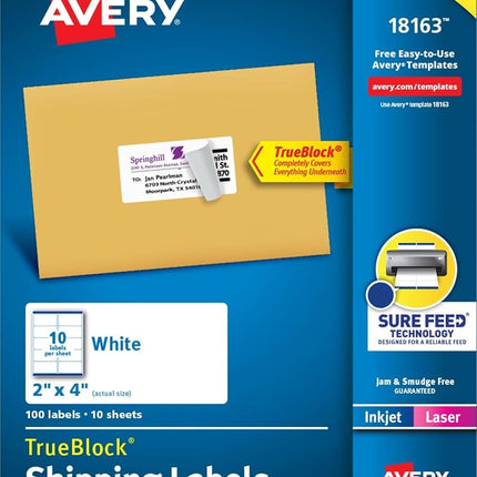 Avery Shipping Labels with TrueBlock Technology 2" x 4", Pack of 100 (18163)