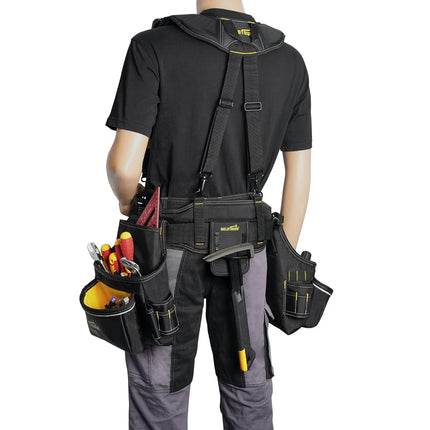 MELOTOUGH Carpenters Tool Belt with Suspenders Professional Tool Belt Combo Organizer With Tool Pouch Suspenders with 32 Pockets and Loops fits 33"-47"Waist for Electrican/Contractor/Technican(Yellow)