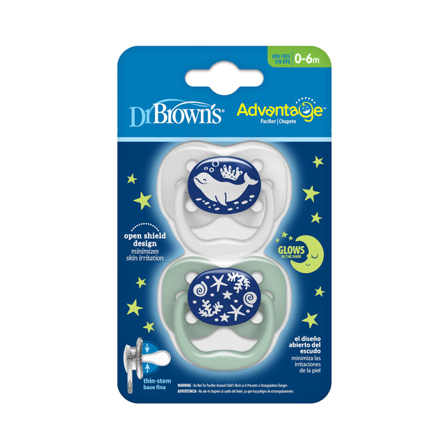 Sucette Advantage Dr. Brown's phosphorescente, apaisant entièrement symétrique avec ampoule en silicone souple, océan bleu, 0-6 m, sans BPA, lot de 2