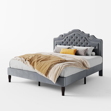 SHA CERLIN Full Size Bed Frame with Adjustable Headboard/Velvet Upholstered/Diamond Button Tufted and Metal Studs/No Box Spring Needed/Wooden Slat Support/Easy Assembly/Light Grey
