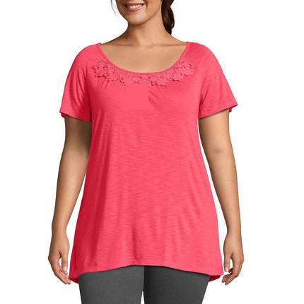 Just My Size Women's Plus-Size Slub Crochet Trim Tunic, Briny Pink, 2X