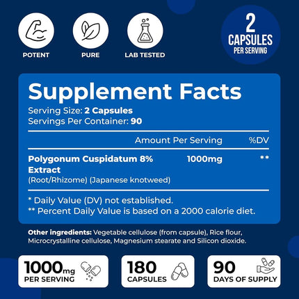 Resveratrol Capsules 1000mg Serving - 180 Capsules - Full 3 Month Supply - Antioxidant Trans Resveratrol Supplement Helps Support Anit-Aging and Cardiovascular System