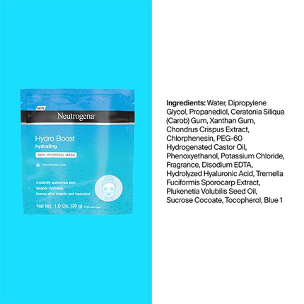 Neutrogena Hydro Boost Moisturizing & Hydrating 100% Hydrogel Face Mask Sheet with Hyaluronic Acid, 1 oz,pack of 12