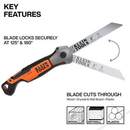 Klein Tools 31757 Folding Multi-Purpose Jab Saw, Multiple Blades Included, Dual-Locking Positions, Cuts Drywall, Metal, Wood, and Plastic