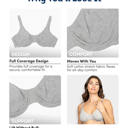Fruit of The Loom Women's Unlined Underwire Bra - Cotton & Spandex Blend for Natural Shape and Flexibility, Purple Velvet/Blushing/Black, 42D