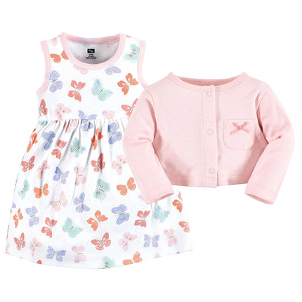 Hudson Baby Baby Girls' Cotton Dress and Cardigan Set, Pastel Butterfly, 3T