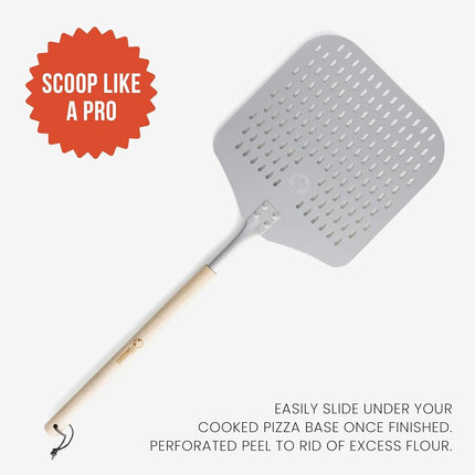 Chef Pomodoro Perforated Aluminum Long Extendable Pizza Peel, 12 x 14-Inch, with Detachable Wood 49-Inch Handle for Easy Storage, Gourmet Luxury Pizza Paddle for Baking Homemade Pizza Bread