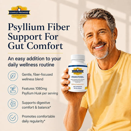 Simple Promise Paratoxil - Psyllium Husk Capsules for Daily Gut Wellness Support - with Slippery Elm, Aloe, Chlorella & Ginger - Natural Plant-Based Formula - 60 Capsules