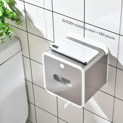 simpletome Toilet Paper Holder Wall Mount with Shelf Waterproof Adhesive or Drilling Install (Silvery, SUS304+ABS Plastic)