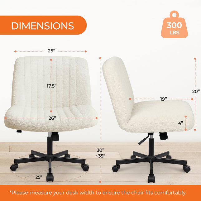 Orange Factory Criss Cross Chair Wheels Vanity Chair Office Desk Comfy Wide Cross Legged Armless Teddy Fabric Adjustable Swivel for Home Computer Task (White, Teddy Fleece)