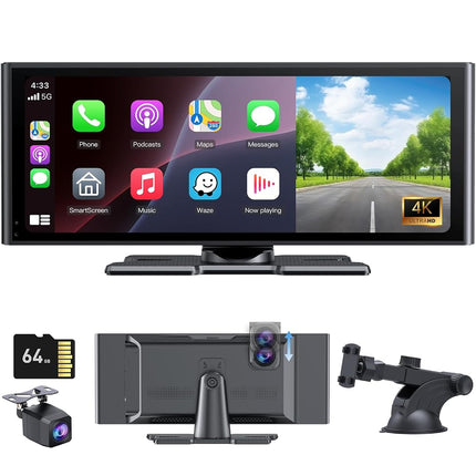 Wonsidary Carplay Screen for Car 10.26" HD IPS Wireless Compatible with Apple Carplay & Android Auto,Touch Car Play Screen with SuperLink,4K Dash Cam,1080p Backup Camera,Loop Recording,Bluetooth Audio