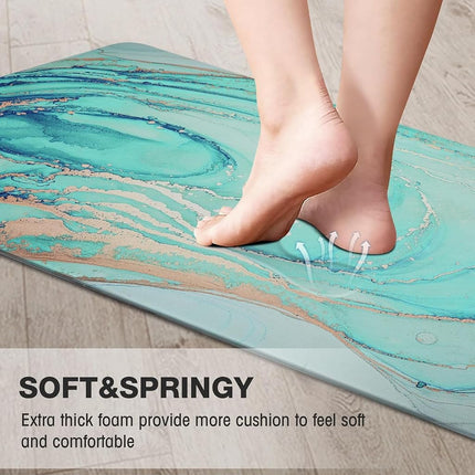 MAYHMYO Kitchen Rugs and Mats Set of 2 Teal Marble Gold Anti Fatigue Mat PVC Non Slip Turquoise Foam Cushioned Kitchen Mats for Floor Dining Room Home Office Sink Laundry…