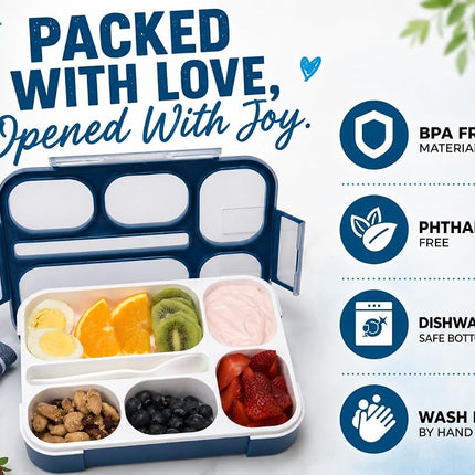 kinsho Bento-Box Lunch Boxes for Kids, Boys, Adults. Leakproof Lunch Set, Bentoboxes for School Or Work. Portion Containers. Bpa Free. 6 Compartments. Fork & Spoon. Blue & Navy Blue Large