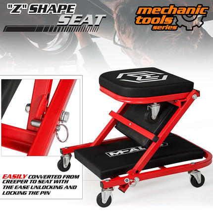 M-AUTO 40-Inch Folding Creeper Rolling Seat, All-in-One Adjustable Roller Garage Chair, Lay Down or Sit, 330LBS Capacity Under Car Roller Creeper with 6 Swivel Casters, Red