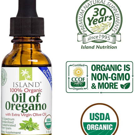 Island Nutrition Oil of Oregano Organic Liquid Drops - with Olive Oil - USDA-Certified Organic (1 oz)