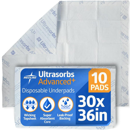Medline Ultrasorbs Advanced+ Premium Disposable Underpads, 30" x 36", 10 Count, Super Absorbent Bed Pad