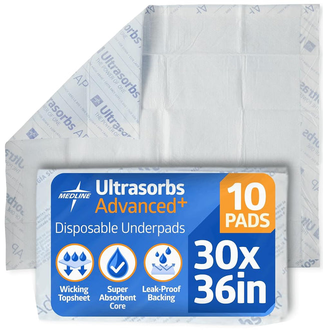 Medline Ultrasorbs Advanced+ Premium Disposable Underpads, 30" x 36", 10 Count, Super Absorbent Bed Pad
